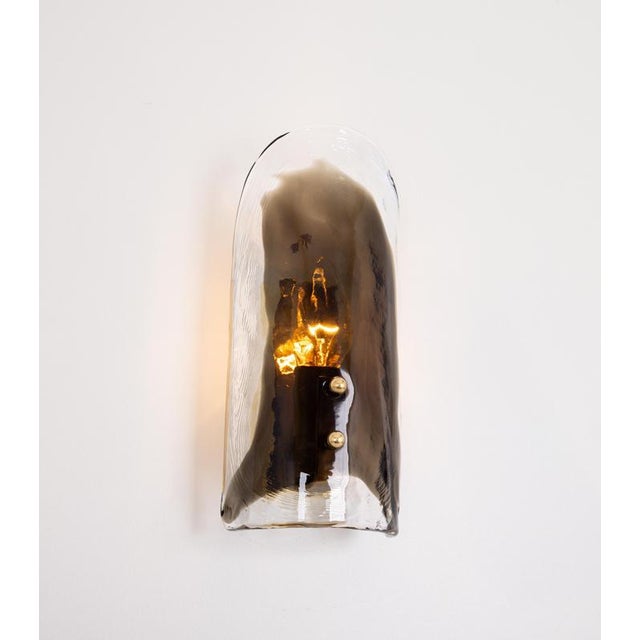 1 of 3 wonderful mid-century wall sconces with a large murano glass piece on a brass frame, made by kalmar, austria,...