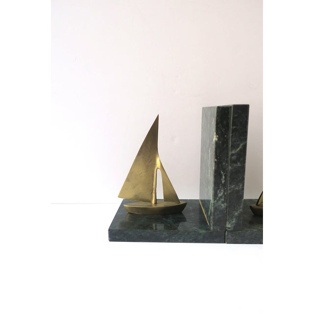 Dark Green Marble Brass Sailboat Nautical Bookends, Pair For Sale - Image 9 of 13