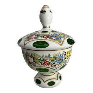 Vintage Bohemian White Cut to Green Glass Candy Dish With Lid and Hand Painted Flowers For Sale