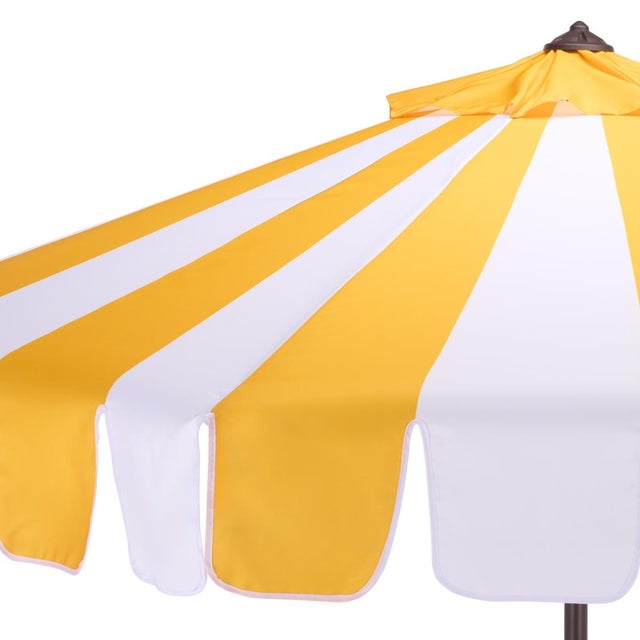 Spritely Home Meze 9 Ft Crank Umbrella, Yellow Cabana Stripe/Brown Pole For Sale - Image 4 of 9