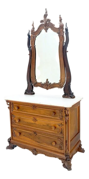 Ornate Fine Carved Antique Rosewood Marble Top Dresser w/ Tilting Mirror
