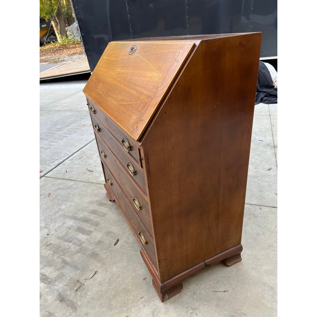 Late 19th Century Mahogany Slant-Front Bureau Desk With Marquetry Inlay and Brass Hardware For Sale - Image 6 of 12