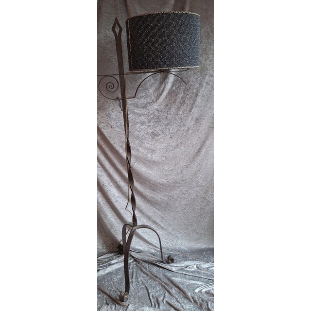 Mid-Century Rustic German Adjustable Floor Lamp with Wrought Iron Frame and Fabric Shade, 1950s, in Very Good conditions....