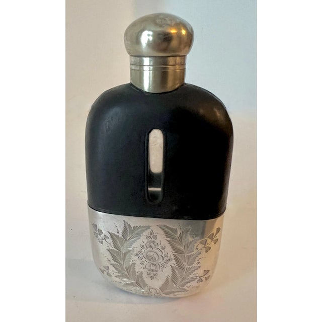 Metal Glass Flask with Etched Silver Plate Base and Leather Top For Sale - Image 7 of 12