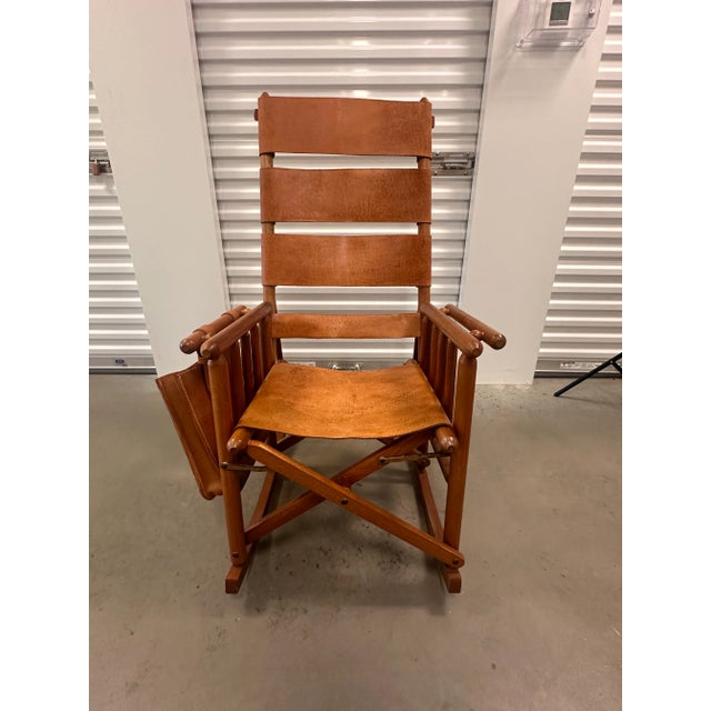 Campaign Mid 20th Century Campaign Style Teak Brown Leather Folding Rocker Rocking Chair For Sale - Image 3 of 12