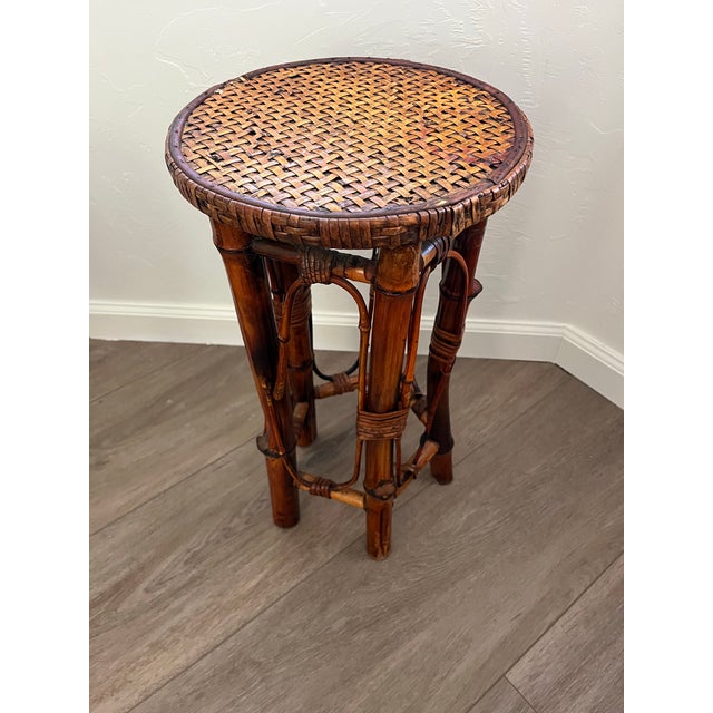 Wood Vintage-Style Burnt Bamboo and Rattan Plant Stand -Accent Drink Side Table For Sale - Image 7 of 12