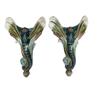 Rare Pair of Majolica Dragonfly Wall Pocket Fives Lille, Circa 1900