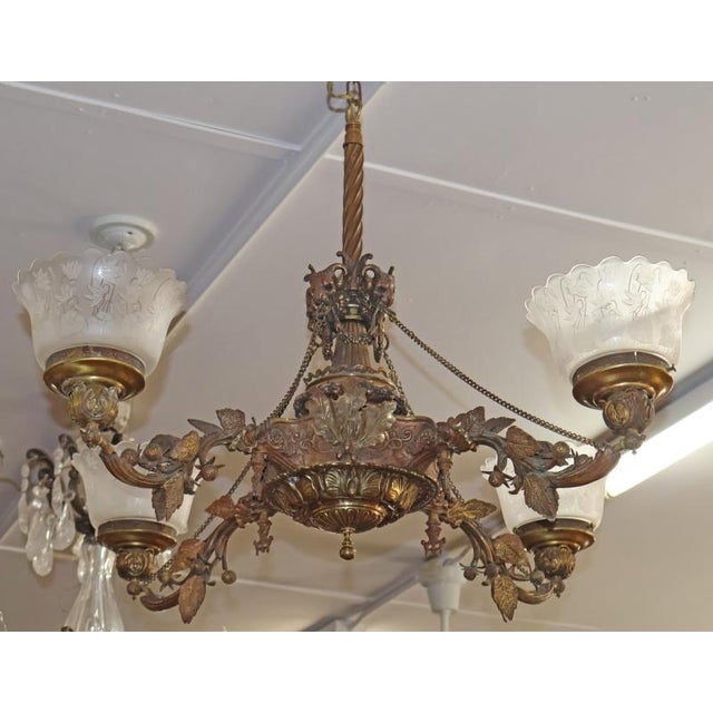 19th Century Bronze 4 Light Etched Glass Shade Gas Chandelier Gasolier For Sale - Image 15 of 18