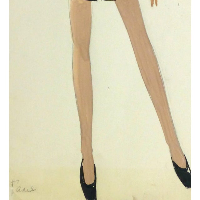 Delightful gouache fashion sketch of a ballerina style dress in a deep forest green. Fabric swatch attached upper right....