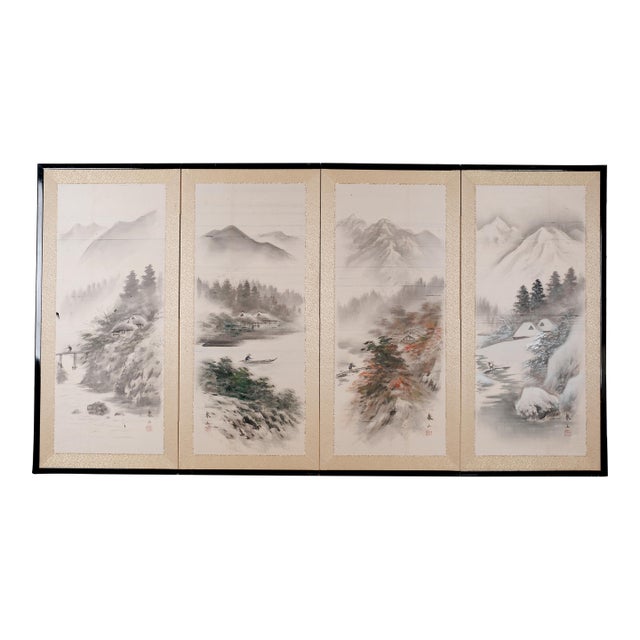 Mid-20th Century Japanese Byobu "Four Seasons in the Mountains" 4-Panel Folding Screen Very Good Overall Condition For Sale