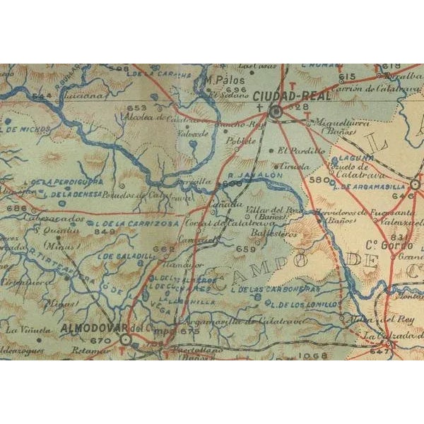 This original antitque map presents the province of Ciudad Real, located in the autonomous community of Castilla-La Mancha...