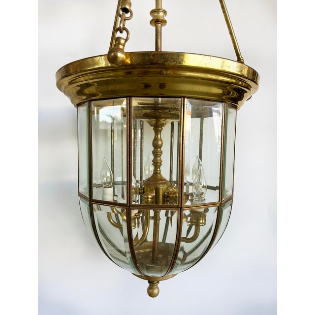 Brass and Beveled Glass Lantern Pendant Light Fixture, 5 Chandelier Bulbs Offered for sale is an elegant vintage beveled...