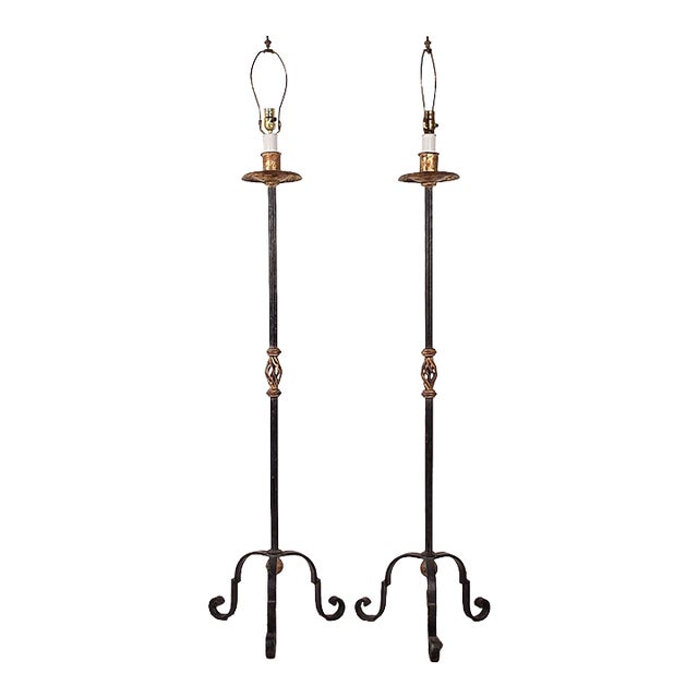 1970s Wrought Iron Torchères With Gilt Accents - a Pair For Sale