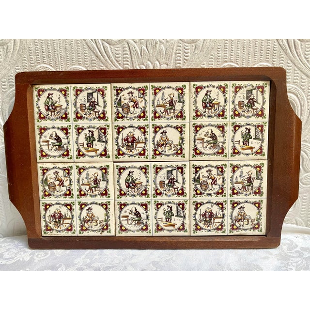 Sienna Vintage Mid Century Wood Hand Painted Dutch Man Tiles Tray For Sale - Image 8 of 8
