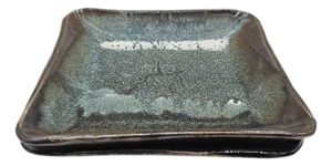 Studio Raku Pottery Plate – Handcrafted 8.5” Square With Curved Corners