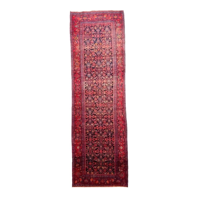 Vintage Runner Fruit Punch and Charcoal-Indigo-Black All-over Rug 4.2 x 13.4 For Sale