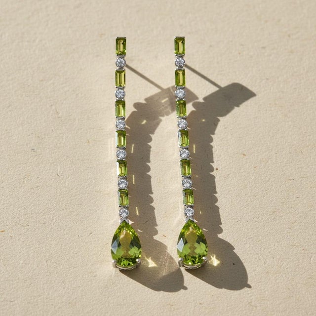 Peridot Long Drop Earrings, Silver, Gold, Pair For Sale - Image 4 of 10