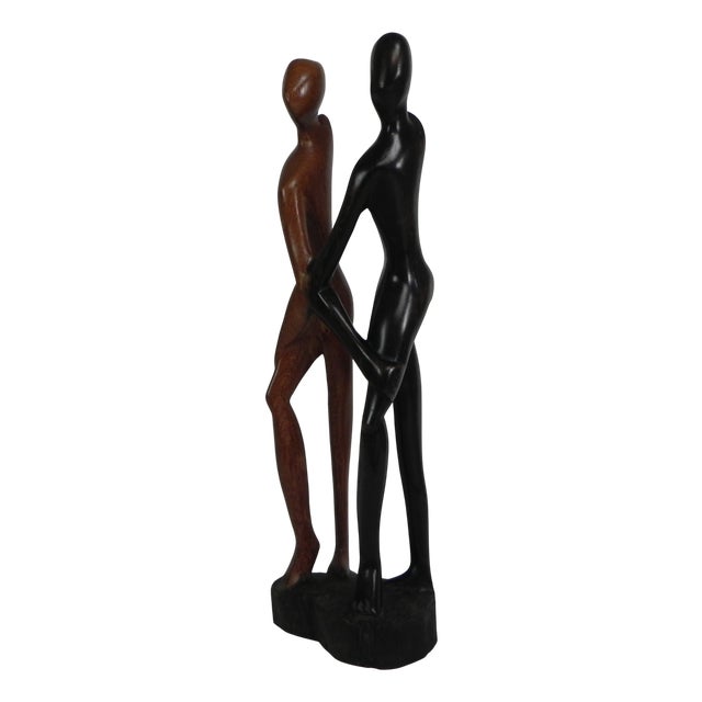 Wooden Statue of Two People, 1950s For Sale