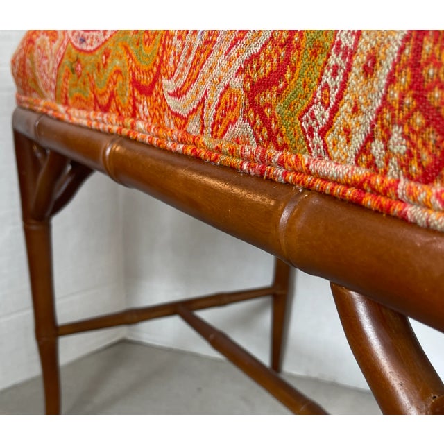 Mid-Century Modern Faux Bamboo Bench With 19Th. C. Cashmere Shawl For Sale - Image 3 of 12