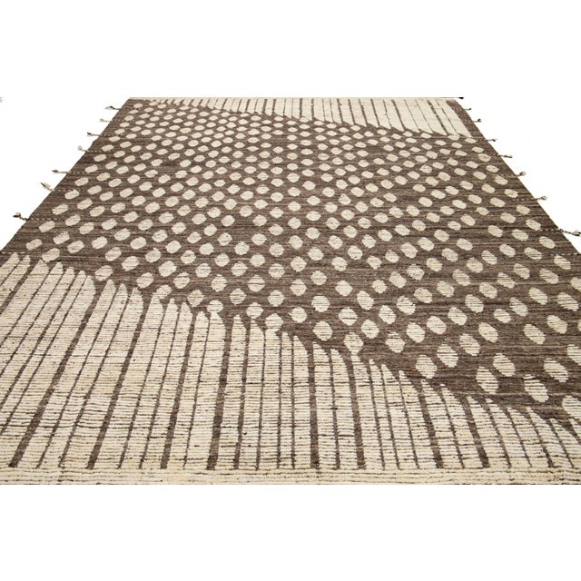 Textile Contemporary Handmade Moroccan Style Wool Rug in Brown With Geometric Design For Sale - Image 7 of 10
