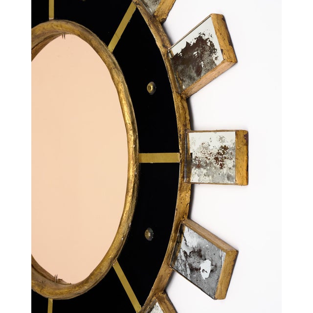 Spanish Modernist Sunburst Mirror in Giltwood, Black Glass and Brass, Circa 1990 For Sale - Image 4 of 9