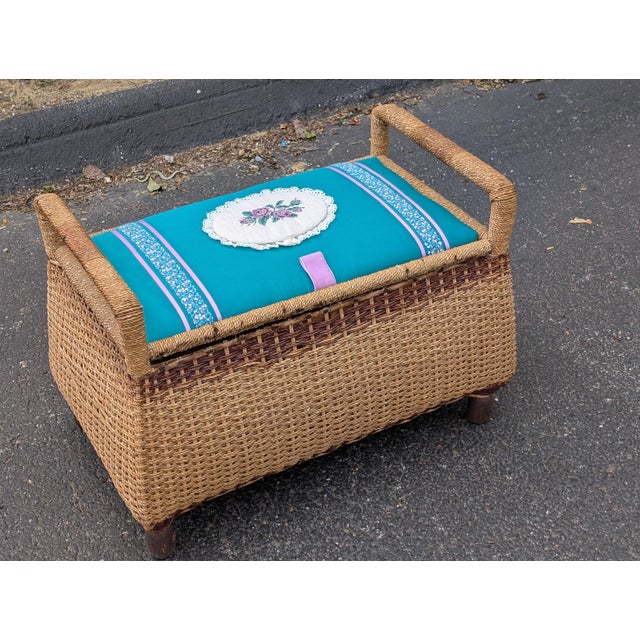 Mid 20th Century Vintage English Bombay-Shaped Woven Rattan Bench With Underseat Storage For Sale - Image 5 of 7