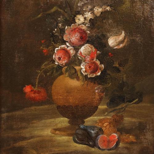 Still Life with Flowers and Fruit, 1700s, Oil on Canvas, Framed For Sale - Image 3 of 9