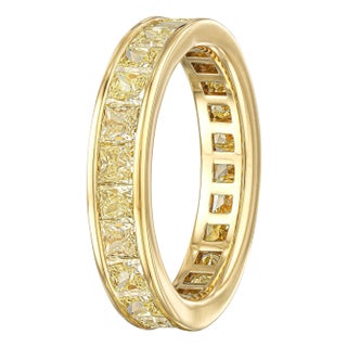 3.25 Carat Fancy Yellow Square Radiant Diamond Eternity Band, Size 5.75 For Sale