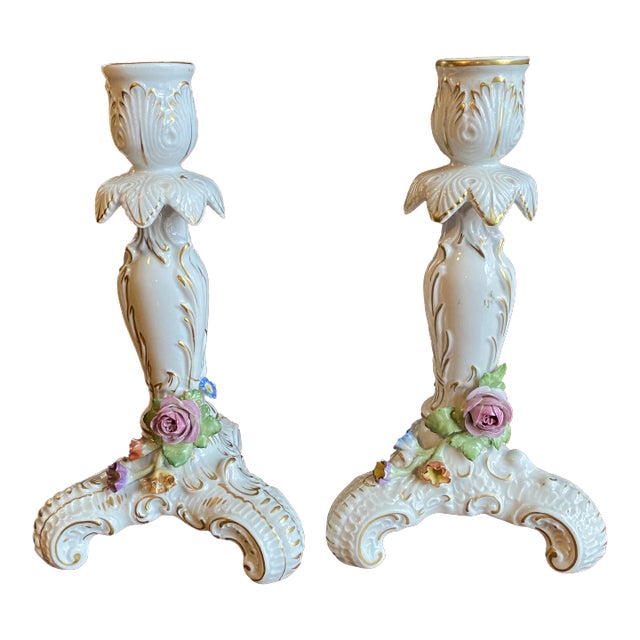 Early 20th Century Antique Von Schierholtz Porcelain Candleholders With Flower Accents - a Pair For Sale
