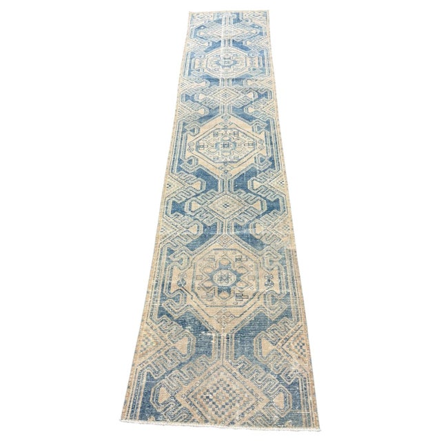 Antique Persian Runner 2x11 | Ivory, Beige & Faded Blue Geometric Design For Sale - Image 4 of 4
