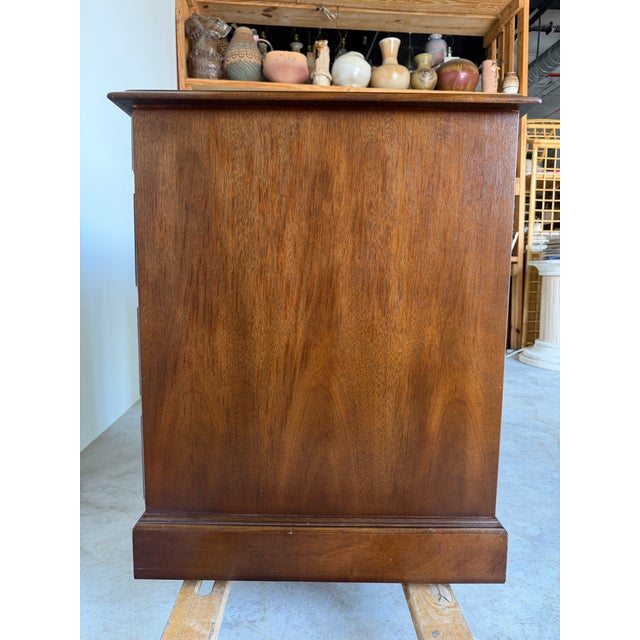 1970s Vintage Campaign Chippendale-Style Mahogany & Tooled Leather Top Partners Desk For Sale - Image 12 of 13