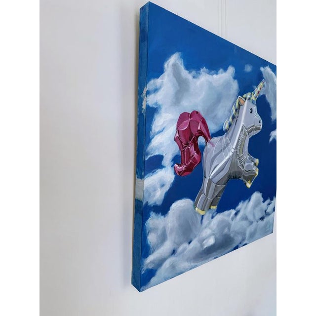 Sofía Cristina Jiménez, Silver Inflatable Unicorn in a Blue Sky Cloud Landscape, Acrylic Painting, 2024 For Sale - Image 6 of 9