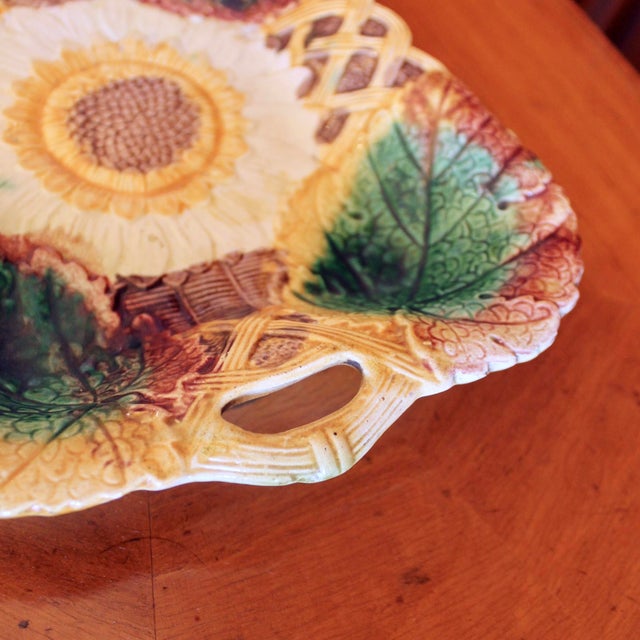Sunflower and Begonia Leaf English Majolica Serving Dish For Sale - Image 9 of 12