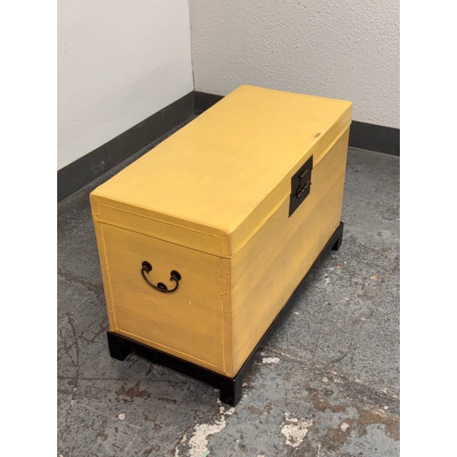 Chinese Lift-Top Yellow Leather Trunk, Vintage For Sale - Image 4 of 12