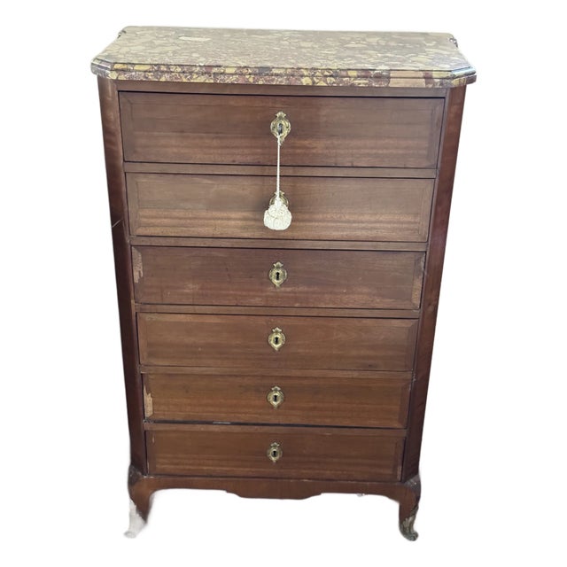 Late 19th-Century French Louis XVI-Style Mahogany Semainier Chest — Breccia Marble Top, Tall Narrow Storage For Sale