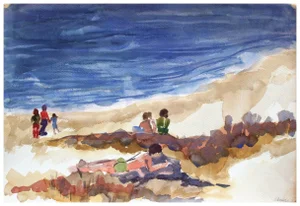 1970s "Figures Relaxing at the Beach" Landscape Watercolor Painting by Doris Warner