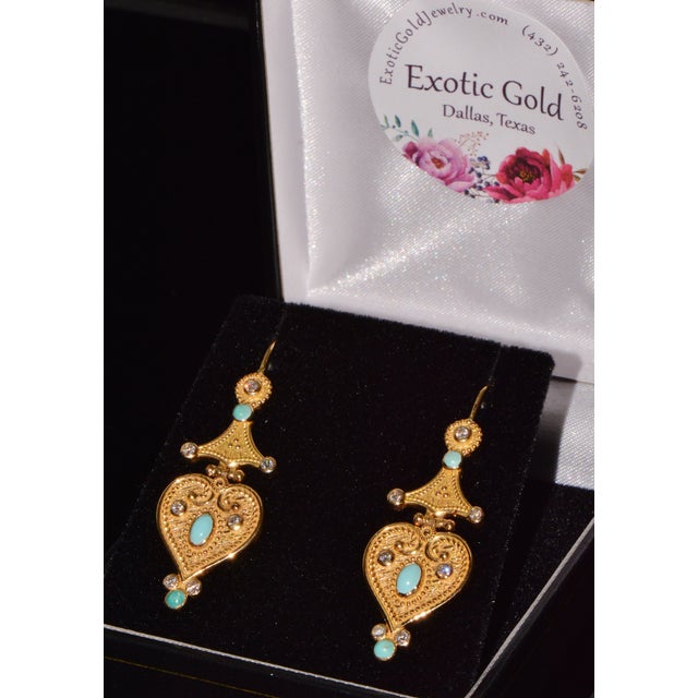 Gorgeous Natural Diamond Turquoise 18k Solid Gold Byzantine Beaded Greek Dangle Earrings, A Pair For Sale - Image 11 of 11