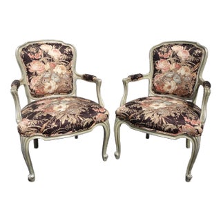 Pair Vintage French Provincial Floral Arm Chairs W Silver Frames For Sale