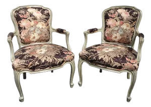 Pair Vintage French Provincial Side Chairs W Silver Gilt Frames & Black Floral