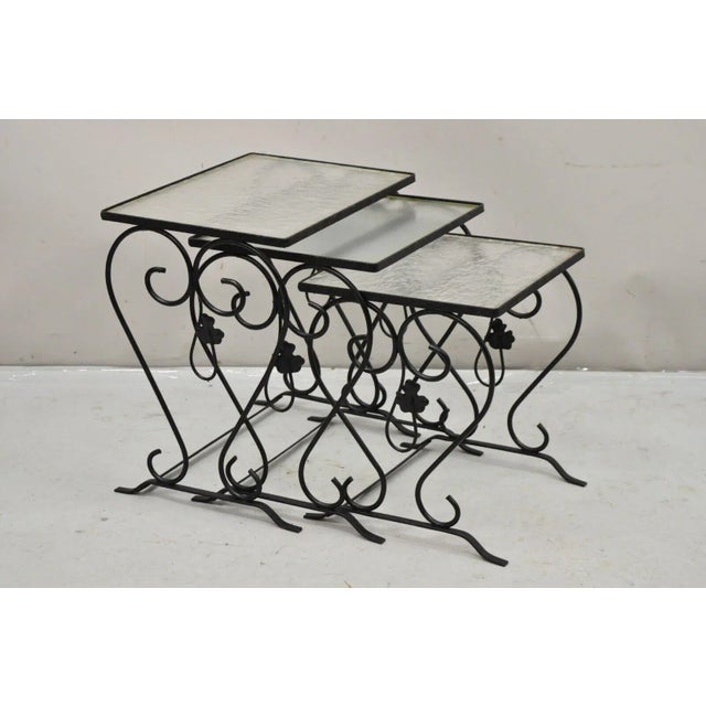 John Salterini Black Wrought Iron Maple Leaf Garden Nesting Tables - (Set of 3) with 2 pieces of textured plexiglass and...