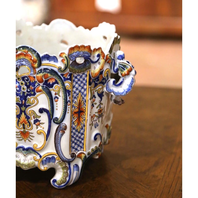 Pair 19th Century French Rouen Faience Cachepots With Applied Masks For Sale - Image 4 of 10