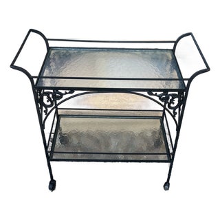 1970s Mid-Century Modern Woodard Style Patio Bistro Wrought Iron Serving Bar Tea Cart For Sale