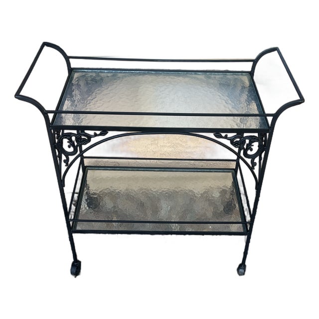 1970s Mid-Century Modern Woodard Style Patio Bistro Wrought Iron Serving Bar Tea Cart For Sale