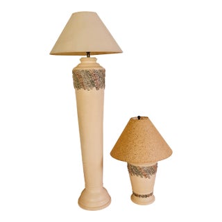 1980s Postmodern Southwest Style Textured Plaster Lamp Set - Floor & Table (Set of 2) For Sale