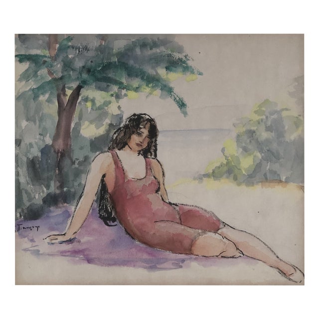 Gustave Francois, Jeune femme sur le sable, Watercolor on Paper, Framed For Sale