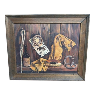 Vintage Original Trompe-L’Oeil Western Still Life Oil Painting in Rustic Wood Frame For Sale