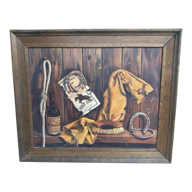 Vintage Original Trompe-L’Oeil Western Still Life Oil Painting in Rustic Wood Frame For Sale
