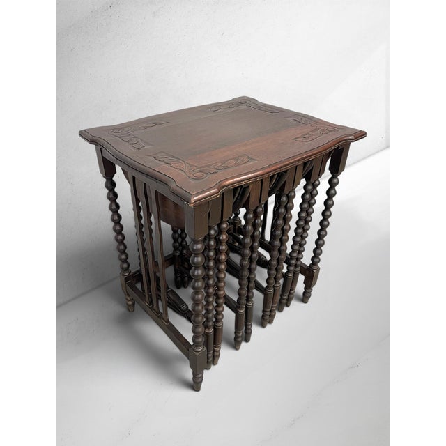 Antique Jacobean Revival Bobbin Nesting Table Suite With Four Folding Side Tables For Sale - Image 10 of 11