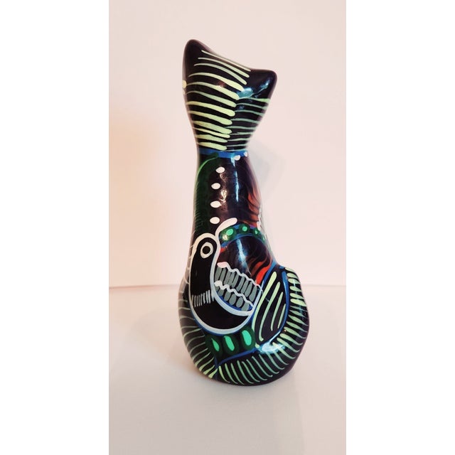 Vintage MCM Talavera Mexican Pottery Hand Painted Cat Figurine For Sale - Image 4 of 5