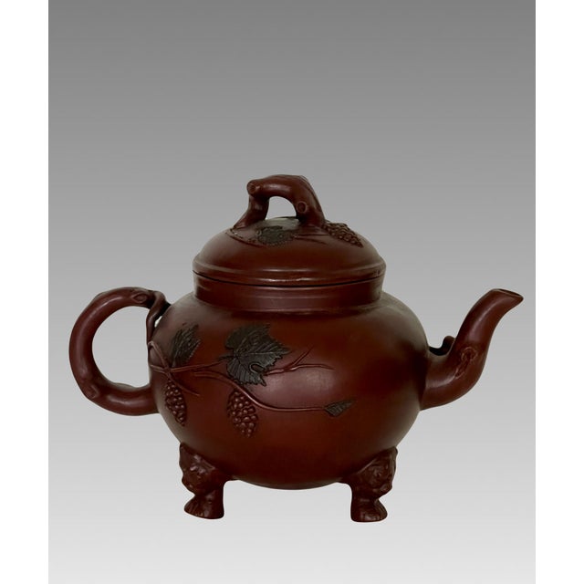 Mid 20th Century Mid 20th Century Chinese Grape and Vine Yixing Zisha Unglazed Teapot With Lion Face Legs, Artist Signed and Chopped For Sale - Image 5 of 13